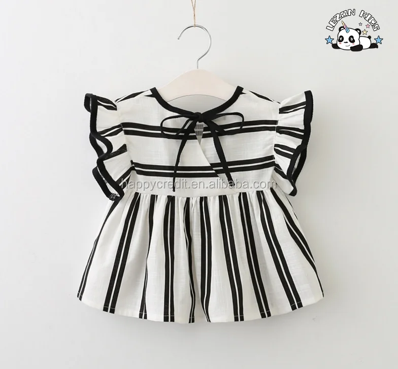 LEZONKIDS - Wholesale Children Clothing Custom Cotton Linen Girls Ruffle Sleeve Dress in Black White